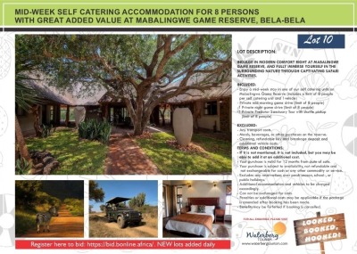 MID-WEEK SELF CATERING ACCOMMODATION FOR 8 PERSONS WITH GREAT ADDED VALUE AT MABALINGWE GAME RESERVE, BELA-BELA