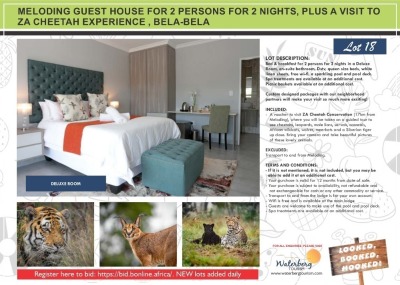 MELODING GUEST HOUSE FOR 2 PERSONS FOR 2 NIGHTS, PLUS A VISIT TO ZA CHEETAH EXPERIENCE, BELA-BELA