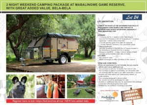 2 NIGHT WEEKEND CAMPING PACKAGE AT MABALINGWE GAME RESERVE, WITH GREAT ADDED VALUE, BELA-BELA