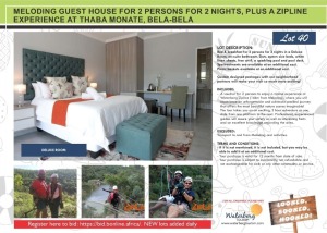 MELODING GUEST HOUSE FOR 2 PERSONS FOR 2 NIGHTS, PLUS A ZIPLINE EXPERIENCE AT THABA MONATE, BELA-BELA