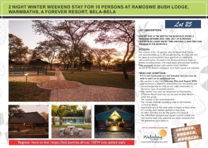 2 NIGHT WINTER WEEKEND STAY FOR 10 PERSONS AT RAMOSWE BUSH LODGE, WARMBATHS, A FOREVER RESORT, BELA-BELA