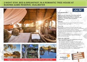 2 NIGHT STAY, BED & BREAKFAST, IN A ROMANTIC TREE HOUSE AT BUSHWA GAME RESERVE, VAALWATER