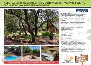 A SELF-CATERING WEEKEND AT RHINO BUSH CAMP, BUSHWA GAME RESERVE FOR 14 ADULTS & 6 CHILDREN, VAALWATER