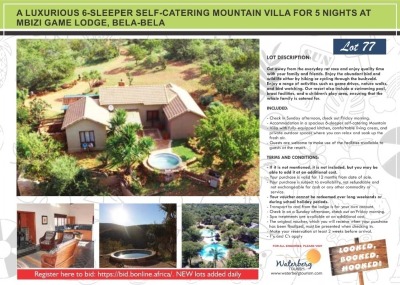 A LUXURIOUS 6-SLEEPER SELF-CATERING MOUNTAIN VILLA FOR 5 NIGHTS AT MBIZI GAME LODGE, BELA-BELA