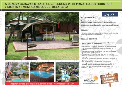 A LUXURY CARAVAN STAND FOR 4 PERSONS WITH PRIVATE ABLUTIONS FOR 7 NIGHTS AT MBIZI GAME LODGE, BELA-BELA