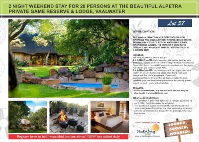 2 NIGHT WEEKEND STAY FOR 20 PERSONS AT THE BEAUTIFUL ALPETRA PRIVATE GAME RESERVE & LODGE VAALWATER