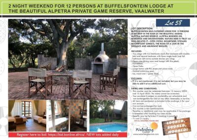 2 NIGHT WEEKEND STAY FOR 12 PERSONS AT THE BUFFELSFONTEIN LODGE AT THE BEAUTIFUL ALPETRA PRIVATE GAME RESERVE & LODGE VAALWATER