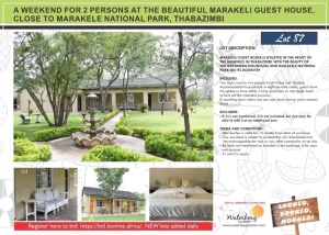 A WEEKEND FOR 2 PERSONS AT THE BEAUTIFUL MARAKELI GUEST HOUSE, CLOSE TO MARAKELE NATIONAL PARK, THABAZIMBI